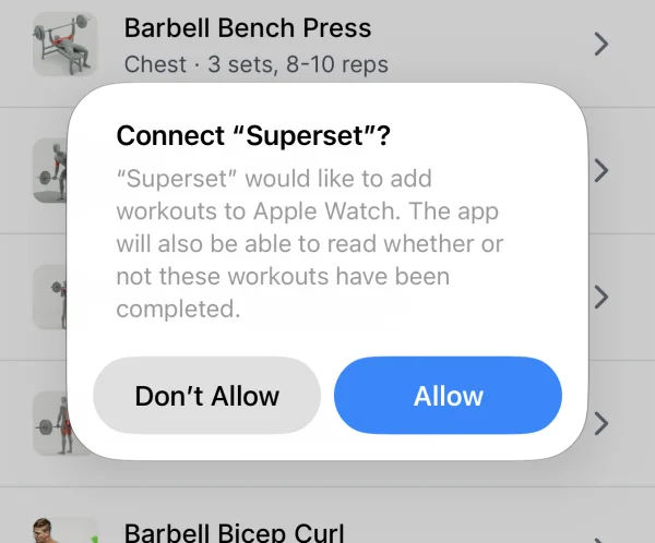 iOS asking to connect Superset to Apple Watch