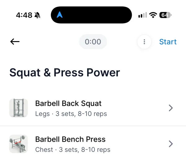A workout in the Superset app with the more button next to Start